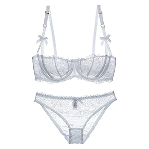 Varsbaby Women's Lumiere Lace Unlined Balconette Bra and Panty Set,32B,White Cover
