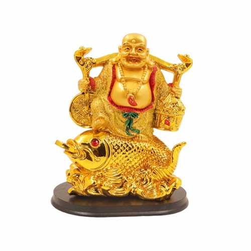 Image of Spillbox Resin Golden Happy man Statue|Laughing Buddha|Feng Shui|Show Piece|Gift Item |Vastu|Decorative Showpiece for Home Decor|Office Desk Table (Happy Man Fish for Health)