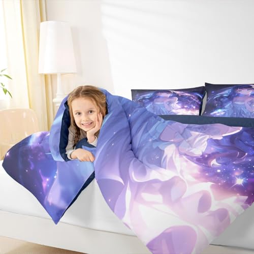 Image of Erosebridal Anime Girls Bedding Anime Gifts Comforter Set for Kids Purple 3D Galaxy Printing Bedding Sets, Cartoon Long Curly Hair Girly Printed Comforter Kids Kawaii Japanese Girl Bed Set, Queen