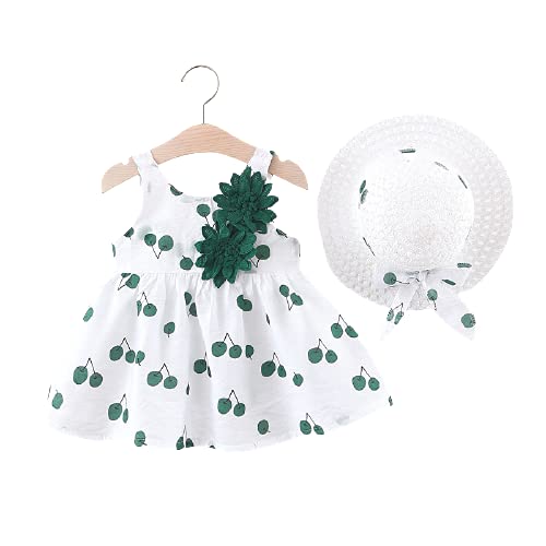MOMISY Baby Backless Frock Dress with Straw Hat Flower Cherry Print Princess Cotton Beach Tutu Summer Sleeveless Midi Outfit for New Born Baby Girl Kids