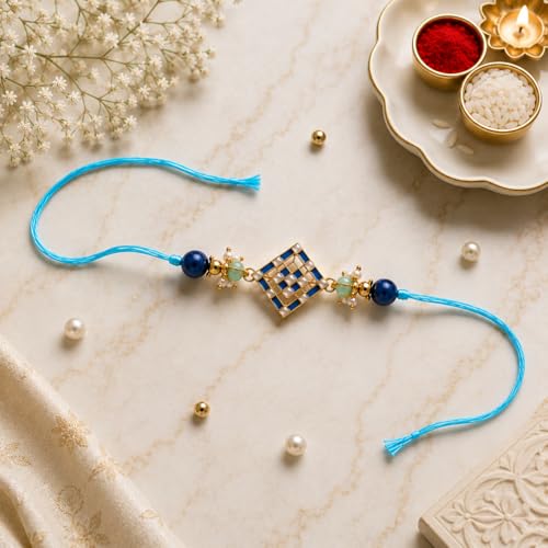 Image of JAIPUR ACE Elegant Blue inchBRO inch Designer Rakhi Gift Set with Greeting Card and Roli Chawal Pouch, Premium Brother Rakhi, Festive Raksha Bandhan Gift for Brother, Traditional (NR5)