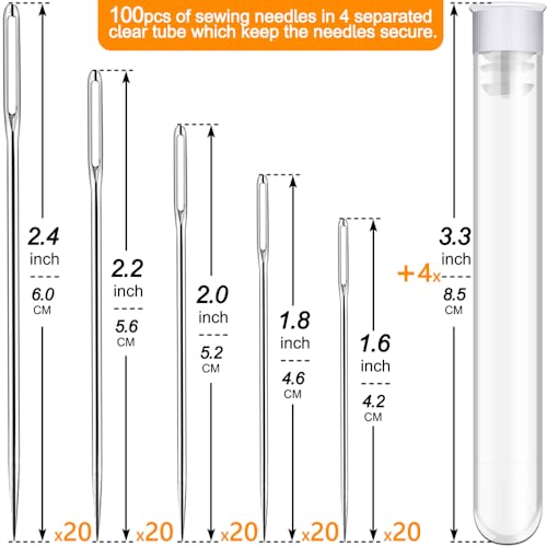 Image of 100 Pack Premium Large Eye Needles for Hand Sewing with Needle Threaders, Assorted Sizes, Embroidery Needles for Hand Sewing, Sewing Needles Large Eye, Big Eye Needle