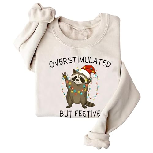 Image of TONGCHEN Overstimulated But Festive Christmas Raccoon Sweatshirt Women Holiday Pullover (US, Alpha, Medium, Regular, Regular, Khaki)