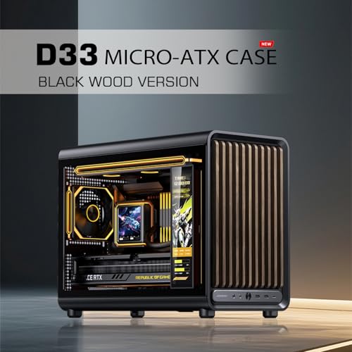 Image of JONSBO D33 Wood Black Micro ATX PC Case,High Airflow MATX case with Tempered Glass Panel,9 Fan Positions,High Compatibility,Supports MATX BTF MB, 435mm GPU /360AIO /172mm Air Cooler,ATX /SFX PSU,Wood