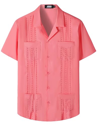 JOGAL - Camisas guayabera cubanas de manga corta para hombre, camisa casual con botones para la playa, Coral, Medium