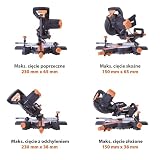 Evolution Power Tools Przesuwna ukośnica do cięć złożonych Plus R210SMS+ – w zestawie tarcza do różnych materiałów, tnie drewno, metal, plastik i inne, cięcie z nachyleniem i ukośne, 210 mm (230 V)