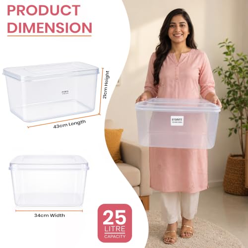 Image of Storite 4 Pcs 25L Plastic Storage Box with Lid-Stackable Organizer Box | Storage Box for Clothes, Kids Toys, Kitchen - Plastic Storage Container Basket for Home, Office, Bathroom(Transparent)