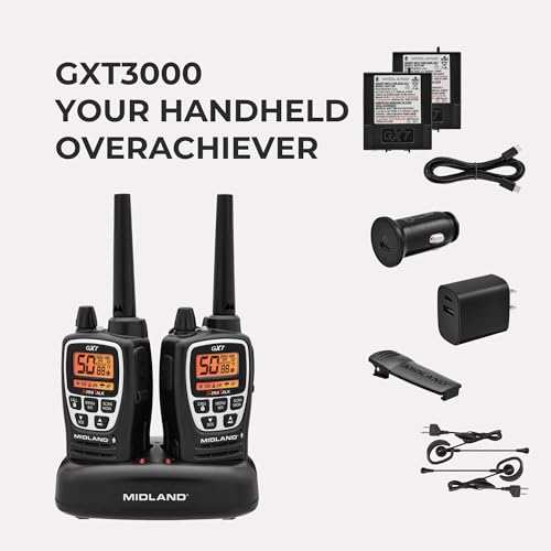 Image of Midland GXT3000 GMRS Two-Way Radio (50-Channel, Repeater Capable, Long Range, 142 Privacy Codes, SOS, NOAA, Rechargeable Lithium Ion Battery, Black /Silver, 2-Pack)