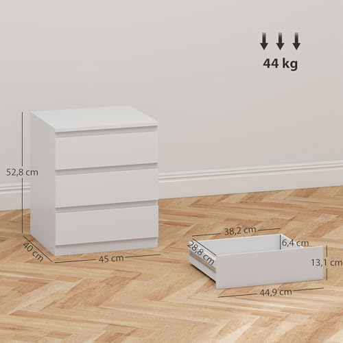 Miniatura 3 de Homcom Cómoda 3 Cajones Con Cierre Suave, Cómoda Dormitorio, Cajonera Para Salón, Oficina, Estilo Moderno, 45x40x52,8 Cm, Blanco