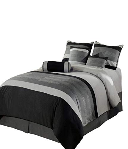Chezmoi Collection 7-Piece 3-Tone Embroidery Comforter Set/Bed-in-a-Bag, Queen, Black Gray