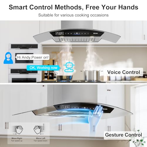 BRANO 36 Inch Island Range Hood, 900 CFM Voice/Gesture/Touch Control Ceiling Vent Hood with 4 Speed Exhaust Fan, 4 LED Lights, Memory Mode, Ducted/Ductless Convertible with 2 Charcoal Filter