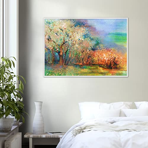 Décoration murale paysage grand format 70x100 cm avec cadre blanc et impression aquarelle