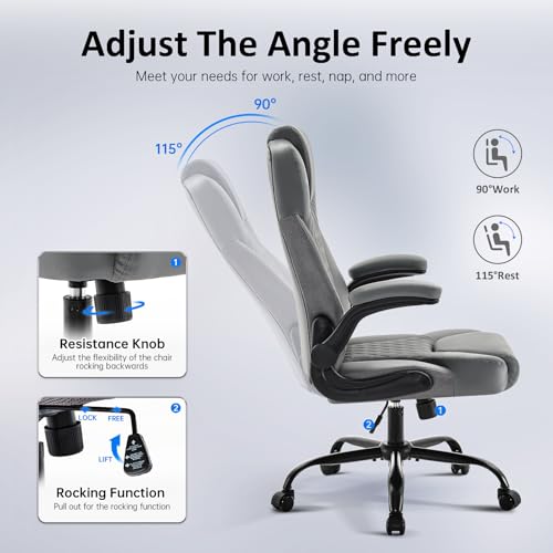 Image of amseatec Big and Tall Office Chair, Flip-Up, Executive Desk Chair, Grey | Ergonomic Leather High Back, Lumbar Support, 90 Lock, 115 Tilt, 20 Spring Packs, 300lbs Capacity, Wide Seat /Smooth Casters