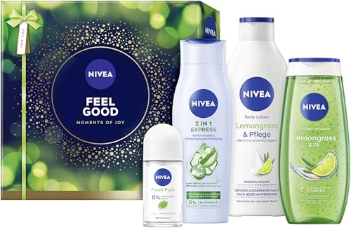 NIVEA Feel Good Geschenkset, Geschenk für Frauen, Geschenkbox mit Duschgel (250 ml), Shampoo (250 ml), Body Lotion (400 ml) und Deo (50 ml)