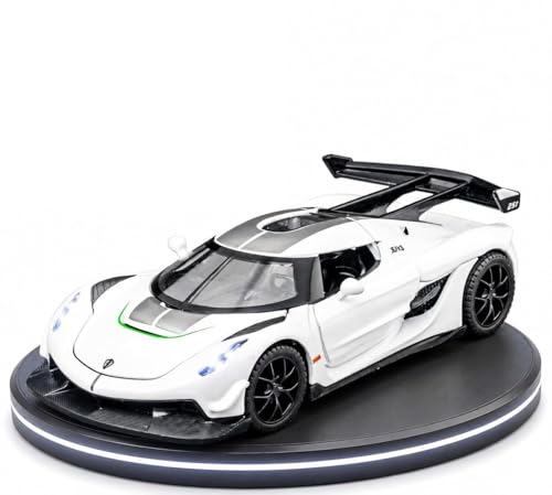 Image of 1:32 Scale Koenigsegg Jesko Model Super Car - Exclusive Alloy Metal Pullback Toy with Openable Doors, Lights, and Music for Kids (White)