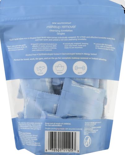 Image of Neutrogena Makeup Remover Wipes, Daily Single Face Cleansing Towelettes, Makeup Removing Cleansing Wipes Removes Dirt & Oil, Alcohol-Free Face Towelettes, 20 ct (Pack of 6)
