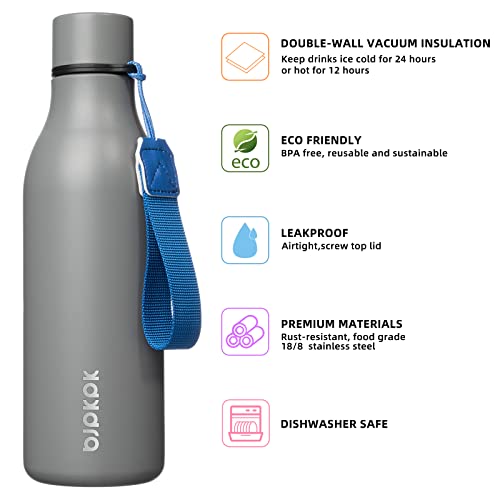 Image of BJPKPK Insulated Water Bottles, 18 oz Stainless Steel Metal Water Bottle with Strap, BPA Free Leak Proof Jugs, Mugs, Flasks, Reusable Thermal Flasks for Sports & Travel, Grey