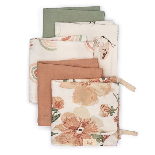 Image of Crane Baby Wash Cloth Set, 100% Cotton, Set of 5 Baby Washcloths, Pink Floral Theme, Newborn Muslin Washcloths, Newborn Baby Gift, Baby Registry Gift