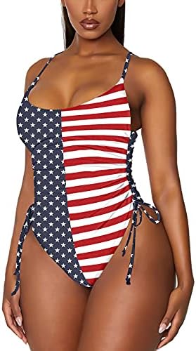 Viottiset Women's One Piece Swimsuit Drawstring Tummy Control High Cut Bathing Suit American Flag X-Large