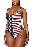 Viottiset Women's One Piece Swimsuit Drawstring Tummy Control High Cut Bathing Suit American Flag X-