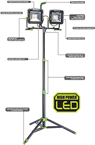 PowerSmith 15000 Lumen PWL2150TS Weatherproof LED Dual Head Work Light with Heavy-Duty Adjustable Metal Telescoping Tripod Stand