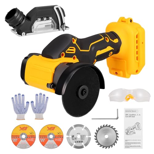Cordless Mini Angle Grinder Compatible with Dewalt 20V Battery, 20000RPM 76mm Power Cordless Angle Grinder Tool with 2 Grinding Discs, 2 Cutting Discs, Dust Shield, Gloves and Goggles (No Battery)