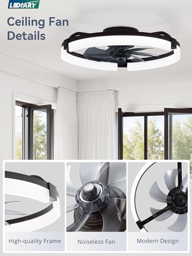 Image of LEDIARY 2 Pack 20 inch Ceiling Fans with Lights and Remote, Low Profile Ceiling Fan, 3 CCT, Stepless Dimmable, Fandelier Flush Mount Fan Light, 6 Speeds, DC Motor, App & Remote Control for Bedroom(Black)