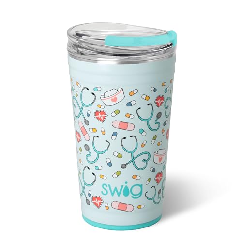 Swig Life 24oz Party Cup, Stackable Insulated Travel Coffee Tumbler with EZ Slider Lid, Cup Holder Friendly, Reusable, Stainless Steel 24 oz Tumbler, Nurse Gifts for Women (Scrub Life)