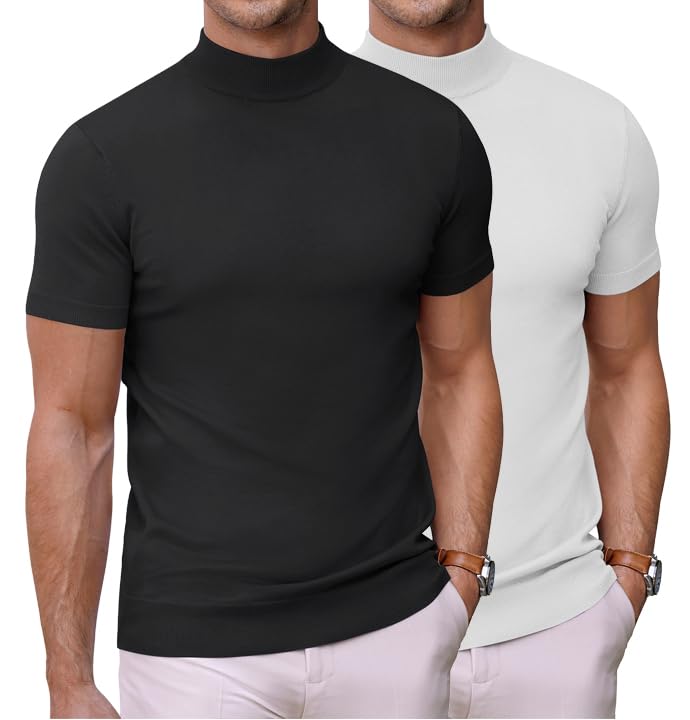 COOFANDY Maglietta da Uomo con Colletto Alto, a Maglia, da Uomo, a Maniche Corte, a Mezza Colletto, Slim Fit, Basic Top