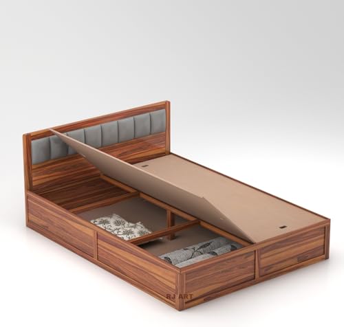 Image of Wooden Queen Size Bed with Storage | Double Bed Cot Bed with Box Storage & Upholstered Cushioned Headboard for Bedroom | Sheesham Wood, Teak Finish, Recommended Mattress | Size: 78 X 60