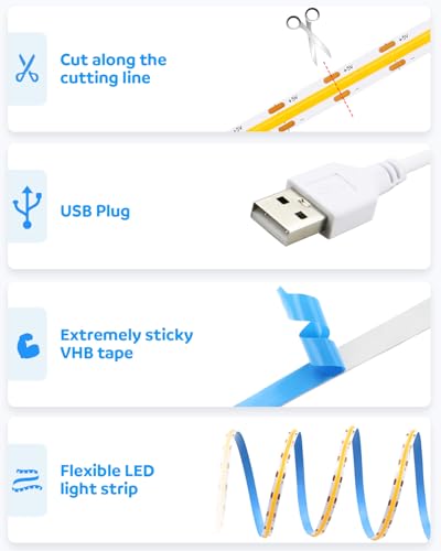Image of Aclorol 13.12FT /4M USB COB LED Strip Lights Warm White LED TV Backlight with Strong Self-Adhesive Flexible for Bedroom Shelves Bedframe Headboard Closet Wardrobe Display Case 320LEDs /M 3000K 8MM Width