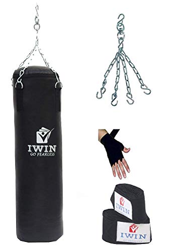 IWIN Punchcombokit Synthetic Leather Unfilled Punching Bag with Hand Wrap and Chain Combo Kit, 36 inch (Black)