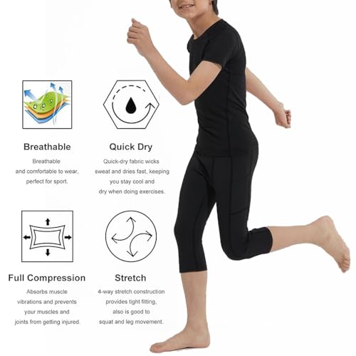 LANBAOSI Basketball Compression Pants Youth Boys 3/4 Compression Tights for Kids Girls Athletic Capri Football Leggings3