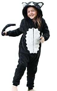 Einteiler für Jungen oder Mädchen, flauschige schwarz-weiße Katze mit Schwanz, Tierkostüme, AllinOnes im Kinderalter, Schwarz mit Katze, 10-11 Years