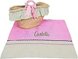 Capazo Mimbre y Toalla de Playa Personalizado para niña - Conjunto para piscina con nombre bordado - 2 Piezas (Good Vibes Rosa/Verde)