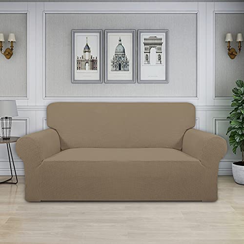 Image of Easy-Going Stretch Oversized Loveseat Slipcover 1-Piece Sofa Cover Furniture Protector Couch Soft with Elastic Bottom for Kids Polyester Spandex Jacquard Fabric Small Checks Natural