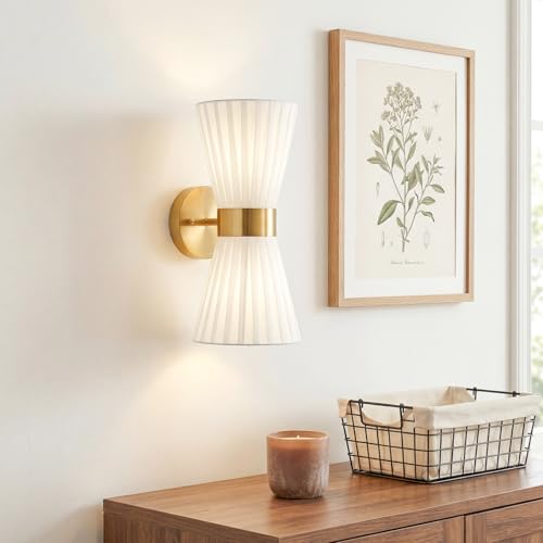 Image of Gold Wall Sconces Set of 2, Milk White Pleated Fabric Shade | Hardwired, Wall Light Fixtures, Up Down Wall Mount for Living Room Bedside