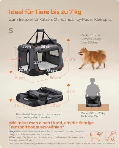 Feandrea Hundebox faltbar, Transportbox Hund, S, Hundetasche, Oxford-Gewebe, Netzstoff, atmungsaktiv tragbar transportabel, Metallrahmen, mit Griffen, Taschen, 50 x 35 x 35 cm, grau PDC50G01