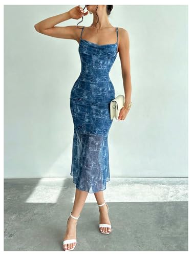 Image of GORGLITTER Women's Floral Wedding Guest Derby Midi Dress Cocktail Summer Boho Beach Going Out Fishtail Sun Dresses Blue X-Small