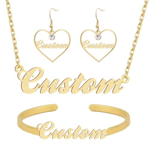 Personalized Custom Name Necklace Bangle Heart Hoop Earrings for Women