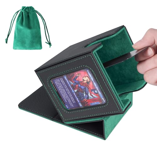 Image of AFIING MTG Deck Box for Commander Display,Card Deck case Fits 100 Double Sleeved Cards,Magic Commander TCG Card Storage Box with 2 Dividers,Dice Bag and Toploader Black Green