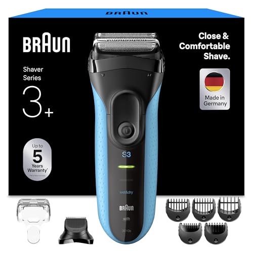 Braun Rasoir Electrique Homme Series 3 3010BT, Bleu, Etanche, Micro-Peigne, Lames Flexibles Pour Bien Raser Le Visage, 5 Sabots, Coffret Rasage Avec Accessoire Tondeuse...