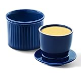 Large Butter Crock Bell for Counter with Water Line, Butter Keeper, Ceramic French Butter Dish Holder for Fresh Spreadable Soft Butter (Blue, 8 Ounce)