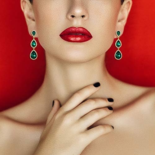 Miniatura 2 de EleQueen Pendientes de cristal austriaco para mujer en tono dorado con forma de pera de 25 pulgadas de largo color esmeralda