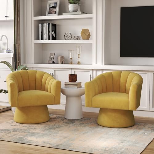SEYNAR Swivel Accent Chair Set of 2, Upholstered Velvet 360° Swivel Barrel Chair for Living Room Overstuffed Bouncle Reading Chair Round Armchair for Bedroom,Vanity,Office (Mustard)