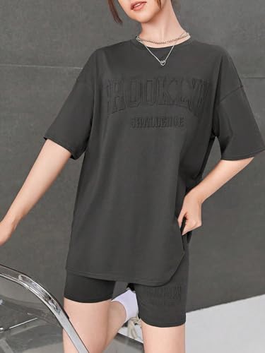 Image of SweatyRocks Girl's Summer 2 Piece Outfits Letter Pattern Short Sleeve T Shirts and Biker Shorts Set