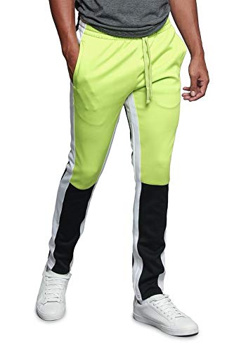 Men's Color Block Dual Side Stripe Contrast Color Slim Fit Drawstring Premium Track Pants TR523 - Frozen Yellow - X-Large