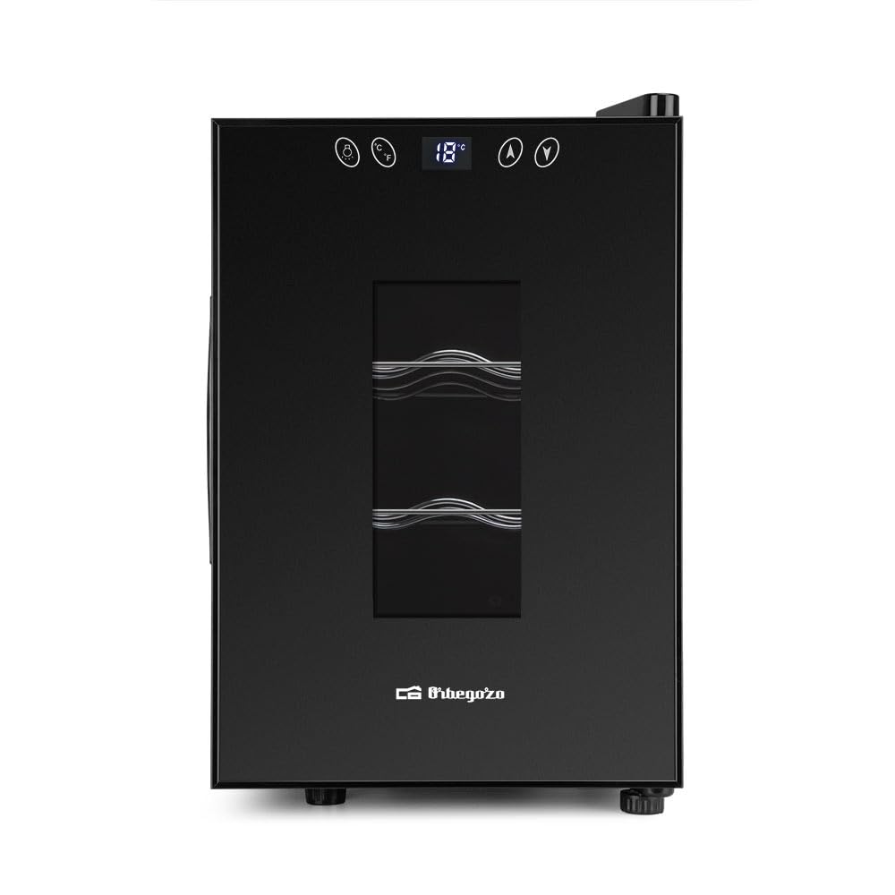 Orbegozo VT 630 Vinoteca de 6 Botellas Volumen 17 Litros Panel Táctil Pantalla Digital Termostato Regulable 11-18°C Luz LED Interior Silenciosa Estantes Cromados 55W