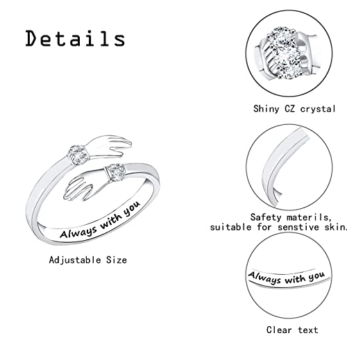 2Pcs Always with You 925 Silver Hug Ring for Women Teen Girls, Adjustable Ring Jewelry Promise Ring, Best Birthday Gift Christmas Gift3