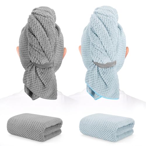 Image of 2 Pack Microfiber Hair Towel - 41 x 24 inches Super Soft, Absorbent, Fast Drying Without Frizz Hair Towel Wrap for Women Long, Thick, Curly Hair - Hair Turbans with Elastic Strap